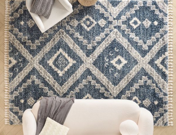 overhead view of a blue geometric shag rug in living room