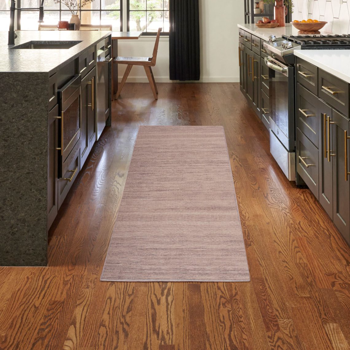 Washable brown runner rug in a kitchen